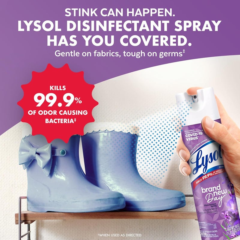 Lysol رذاذ مطهر، رذاذ معقم ومضاد للبكتيريا، للتعقيم وإزالة الروائح، برائحة اللافندر وزهرة القطن، 19 أونصة (عبوة من 2) - Image 5